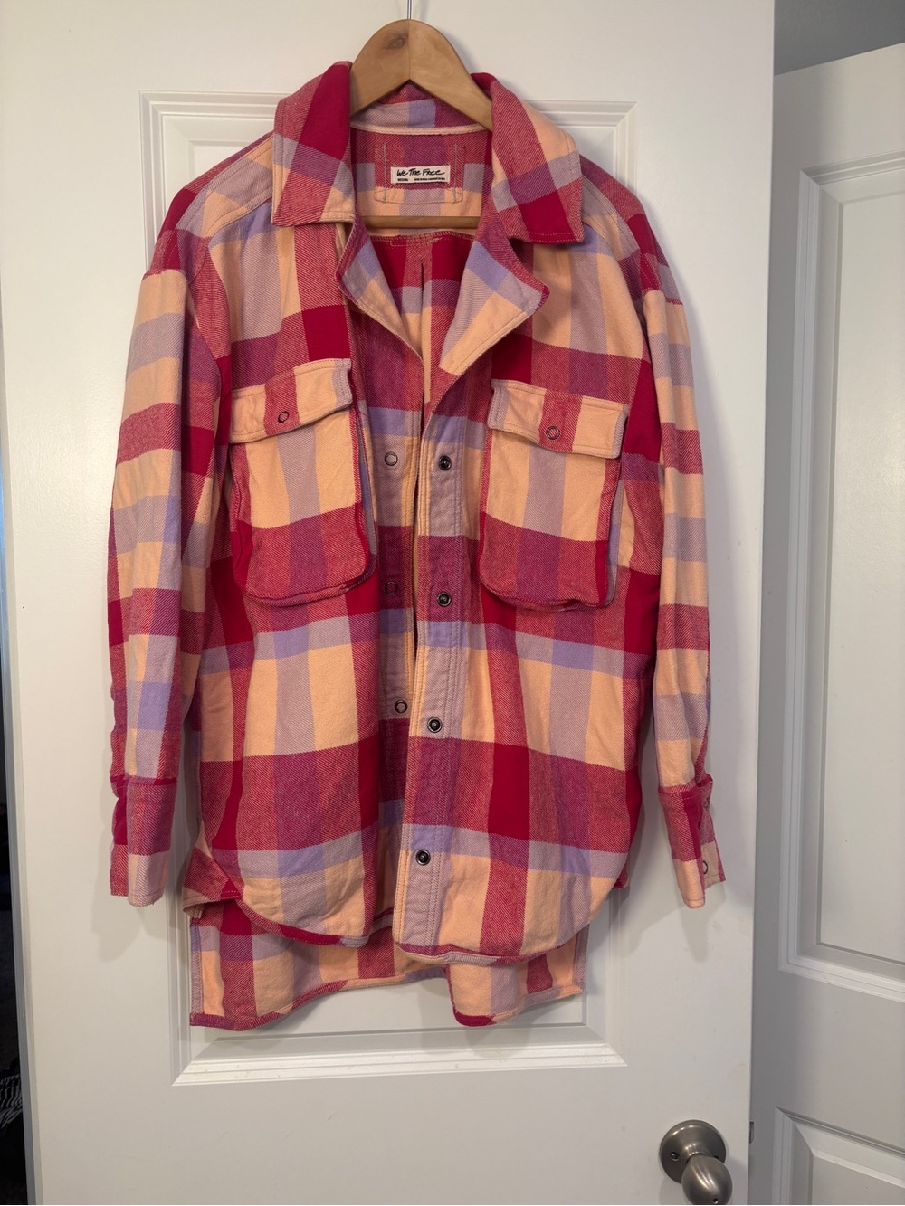 Free People We The Free Pink Plaid Izzy Cargo Shacket - Picture 2 of 6